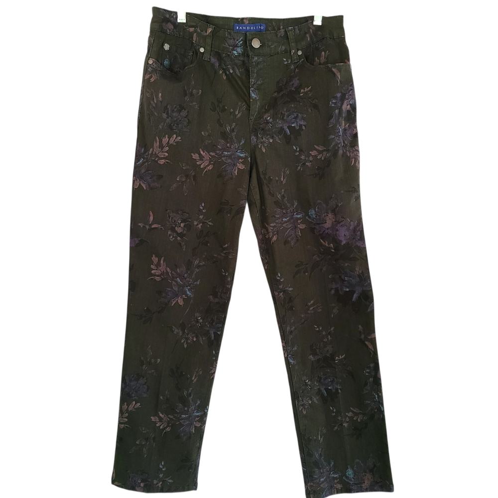 Bandolino Mandie High Rise Floral Jeans 12S Short Dark Olive Purple